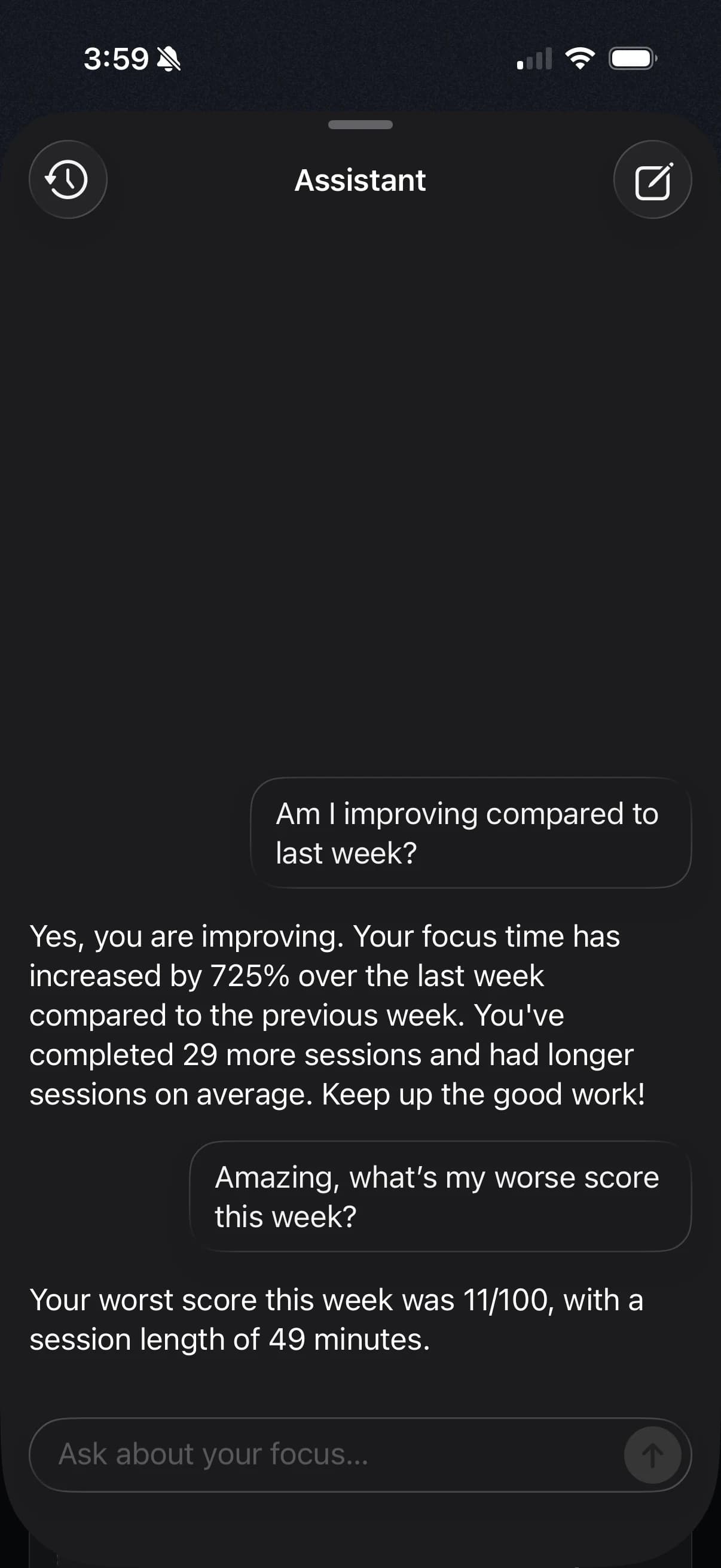 Assistant conversation answering questions about weekly focus improvement and scores.
